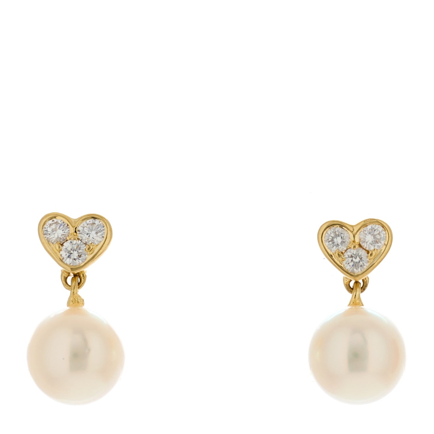 Mikimoto 18K Yellow Gold Diamond Akoya Pearl Heart 7.5mm Drop Earrings 1 of 5