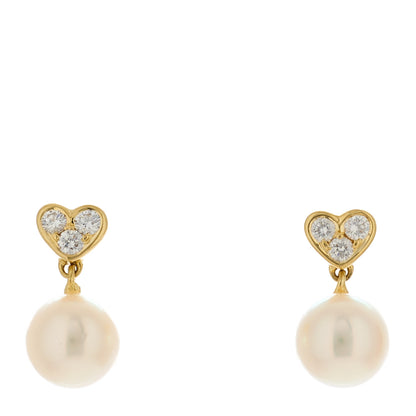 Mikimoto 18K Yellow Gold Diamond Akoya Pearl Heart 7.5mm Drop Earrings 1 of 5