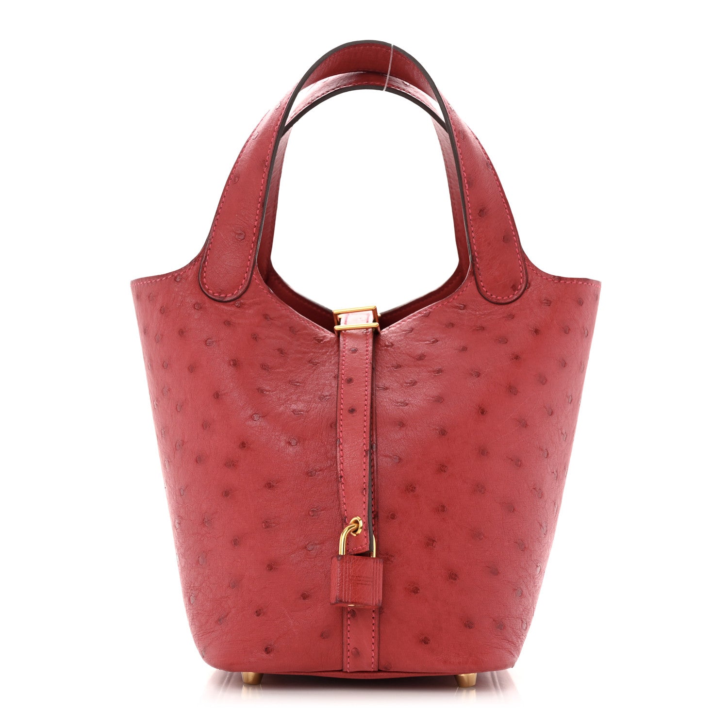 front view image of a HERMES Ostrich Picotin Lock 18 in the color Rouge Vif by FASHIONPHILE