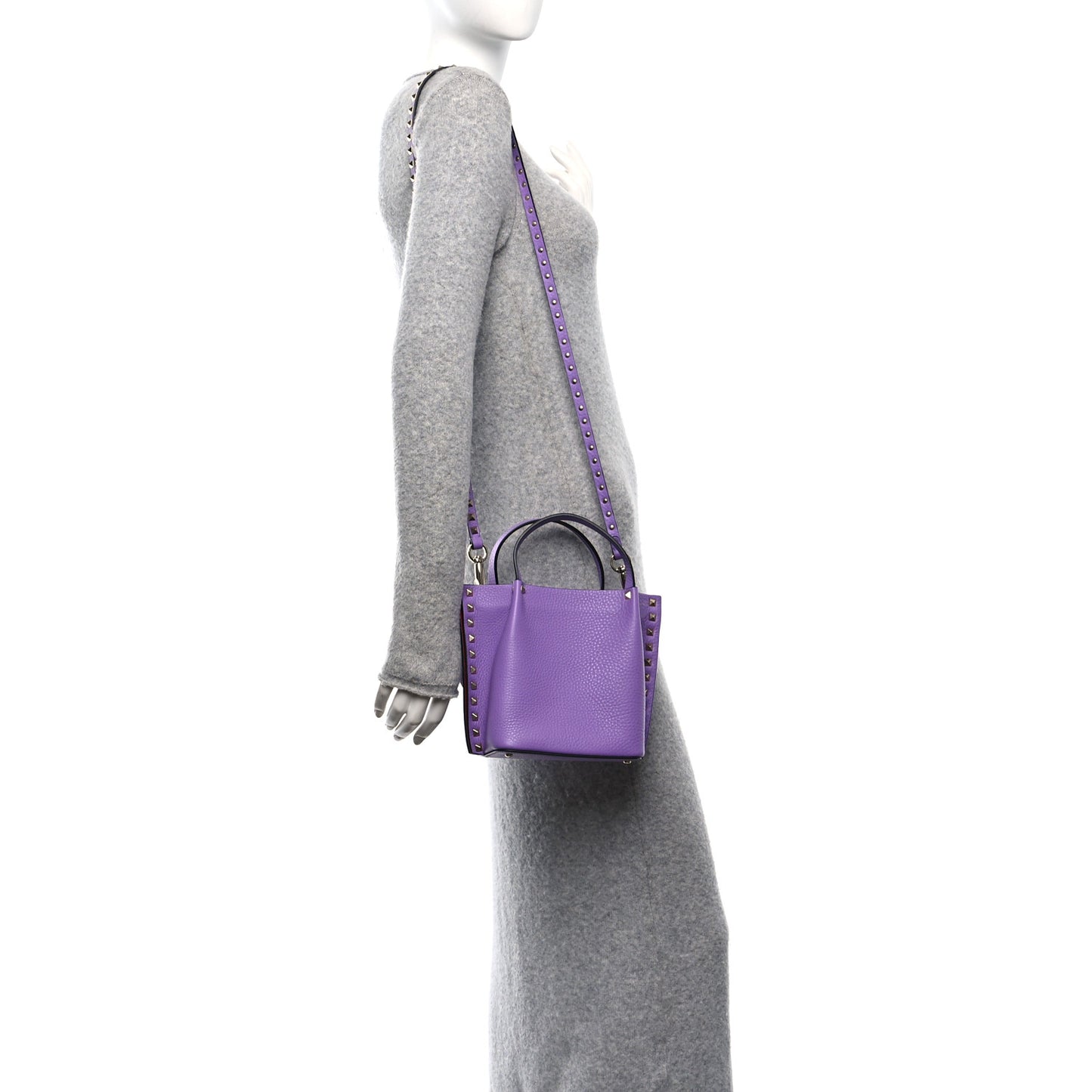 Pebbled Calfskin Small Rockstud Crossbody Tote Purple