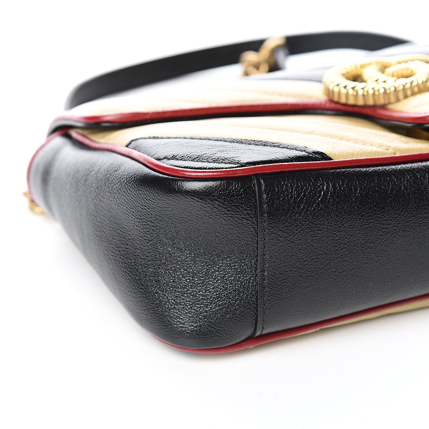 Vintage Effect Calfskin Matelasse Diagonal Striped Small Torchon GG Marmont Shoulder Bag Black Beige