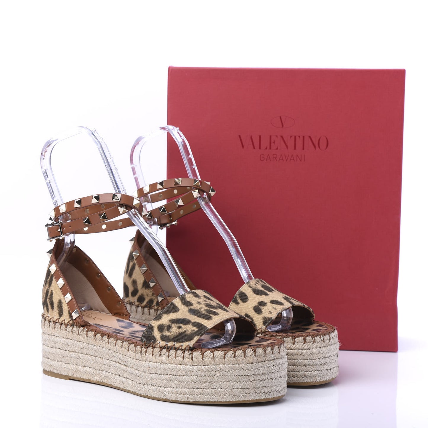 Canvas Leopard Print Rockstud Ankle Wrap Espadrille Flatform Sandals 40 Brown