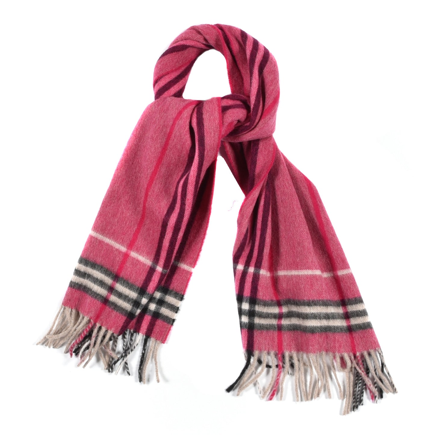 Cashmere Wool Giant Check Fringe Scarf Pink