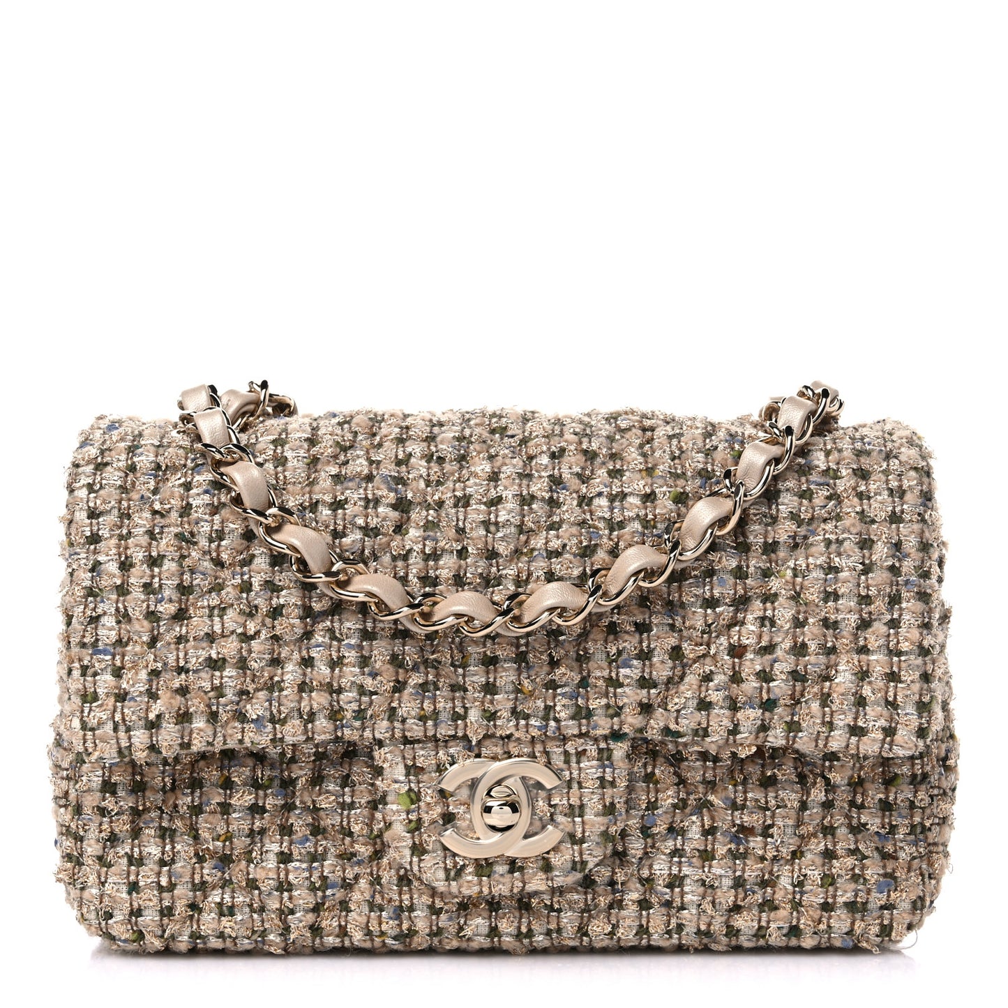 Tweed Quilted Mini Rectangular Flap Beige