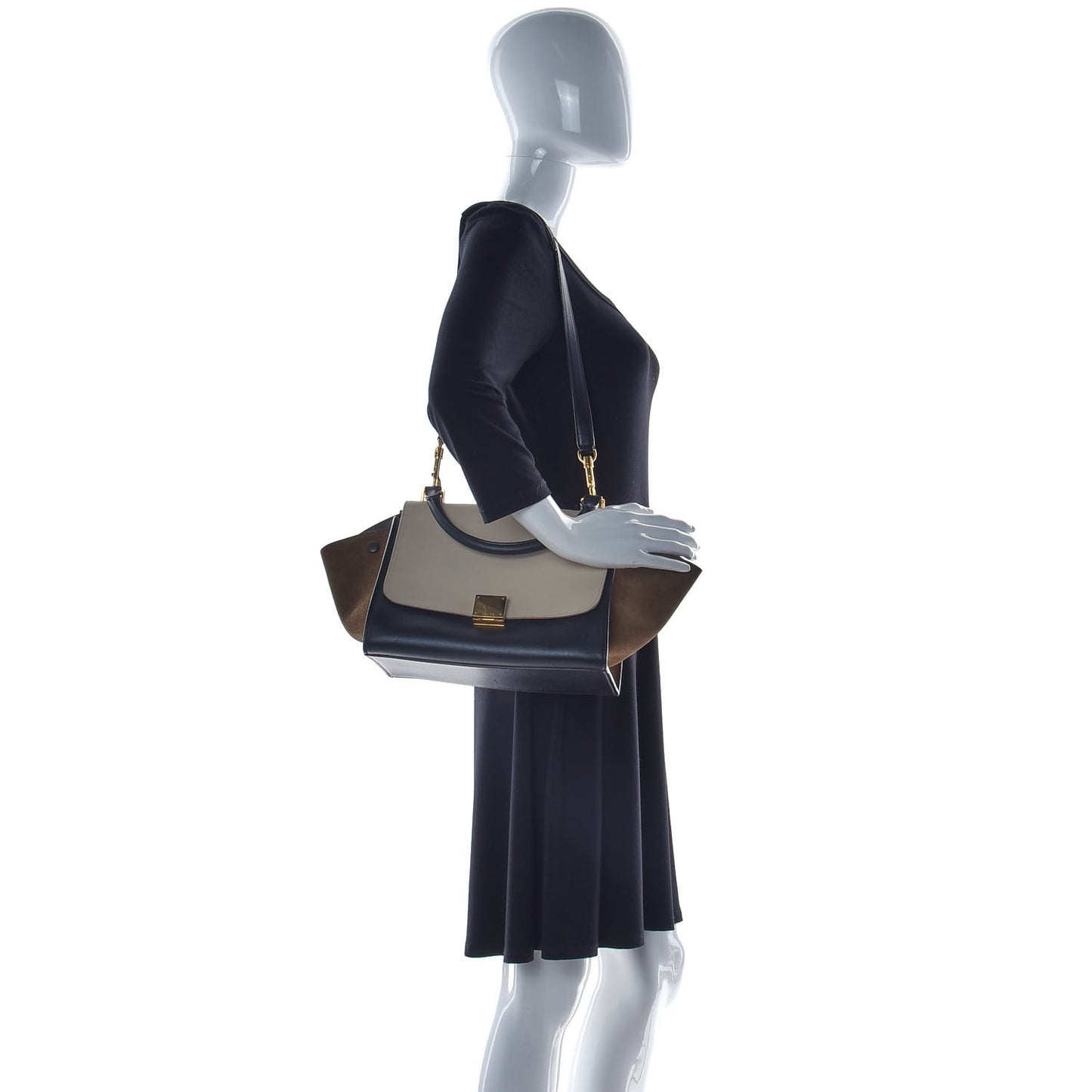 Smooth Calfskin Suede Medium Tri-Color Trapeze Cream Black Brown