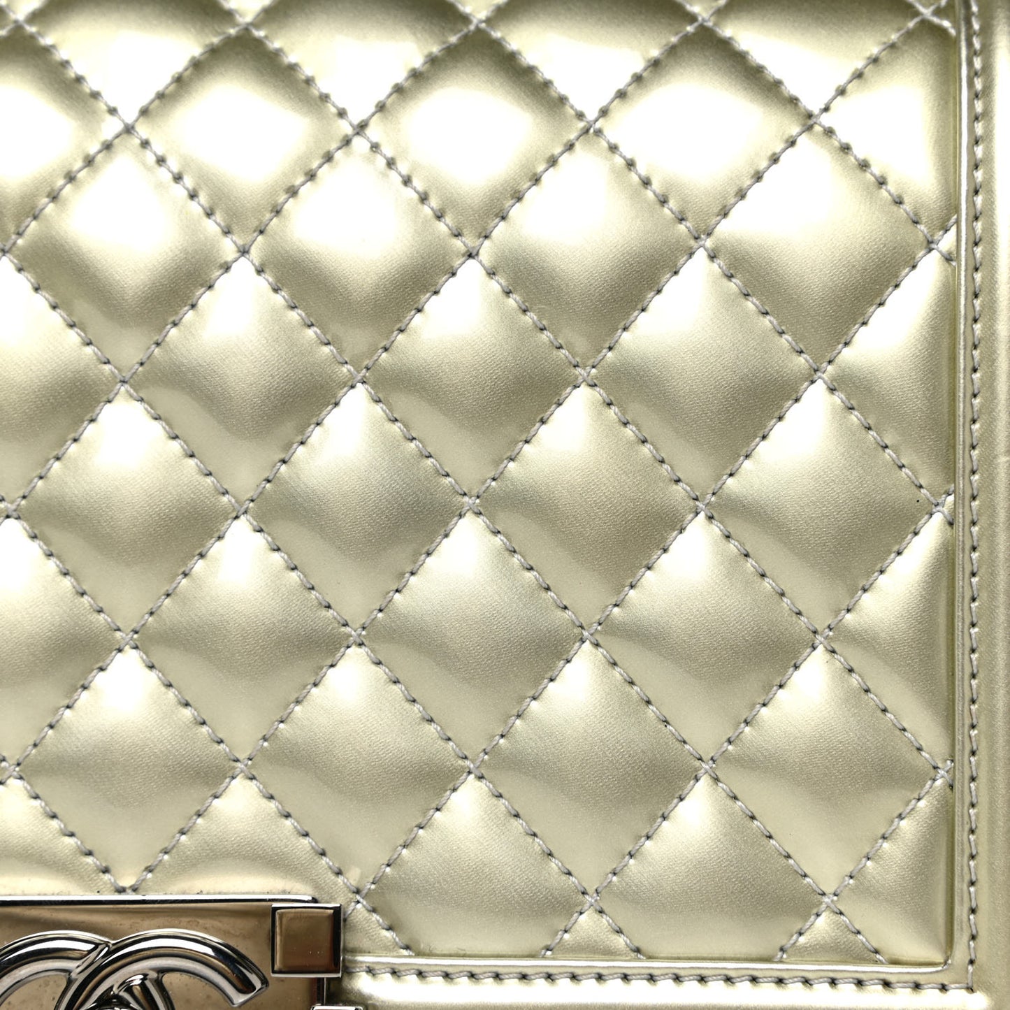 Metallic Patent Calfskin Quilted Medium Boy Flap Silver