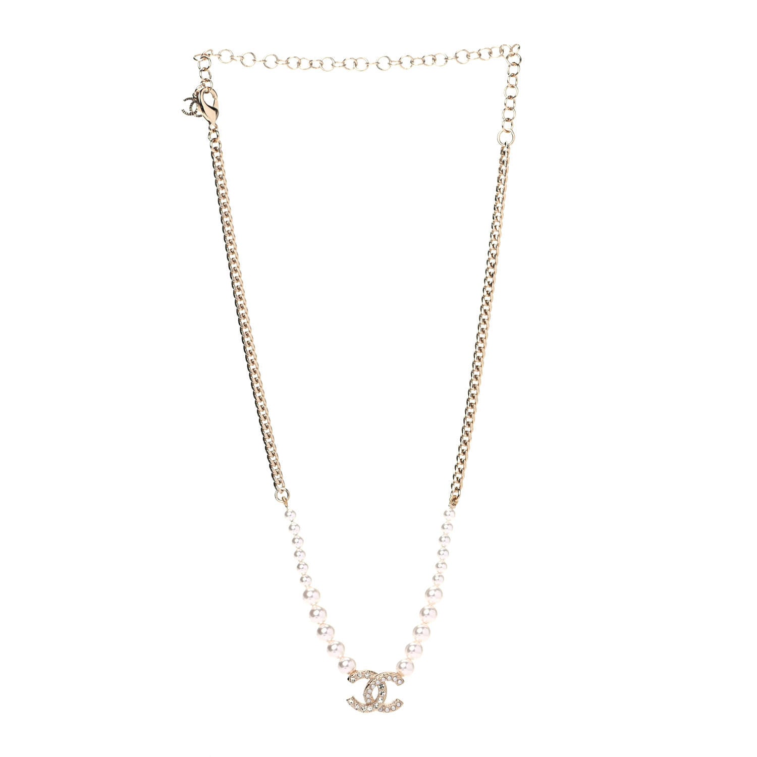 Chanel Pearl Crystal Chain CC Necklace Gold 2 of 5