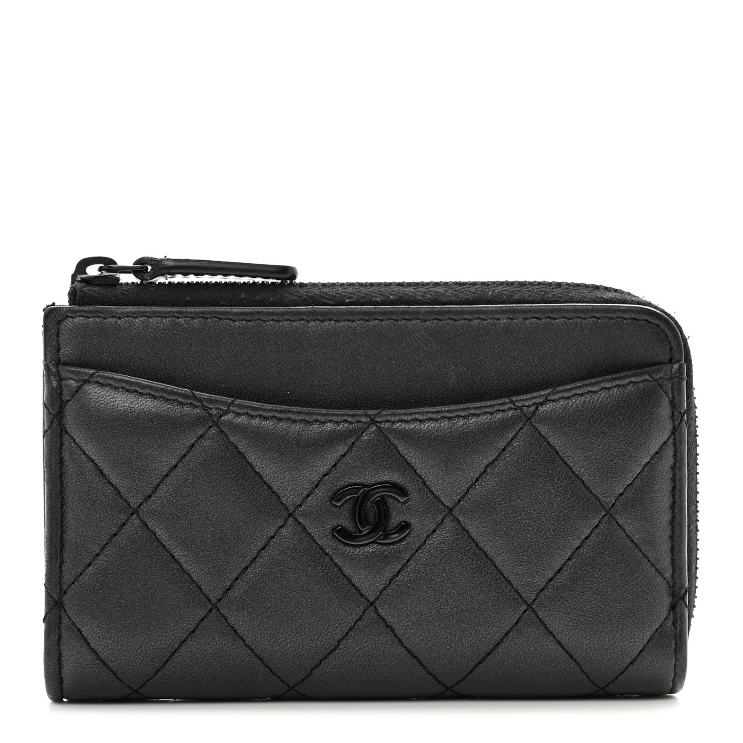 Pearly Lambskin Quilted Zip Card Holder So Black