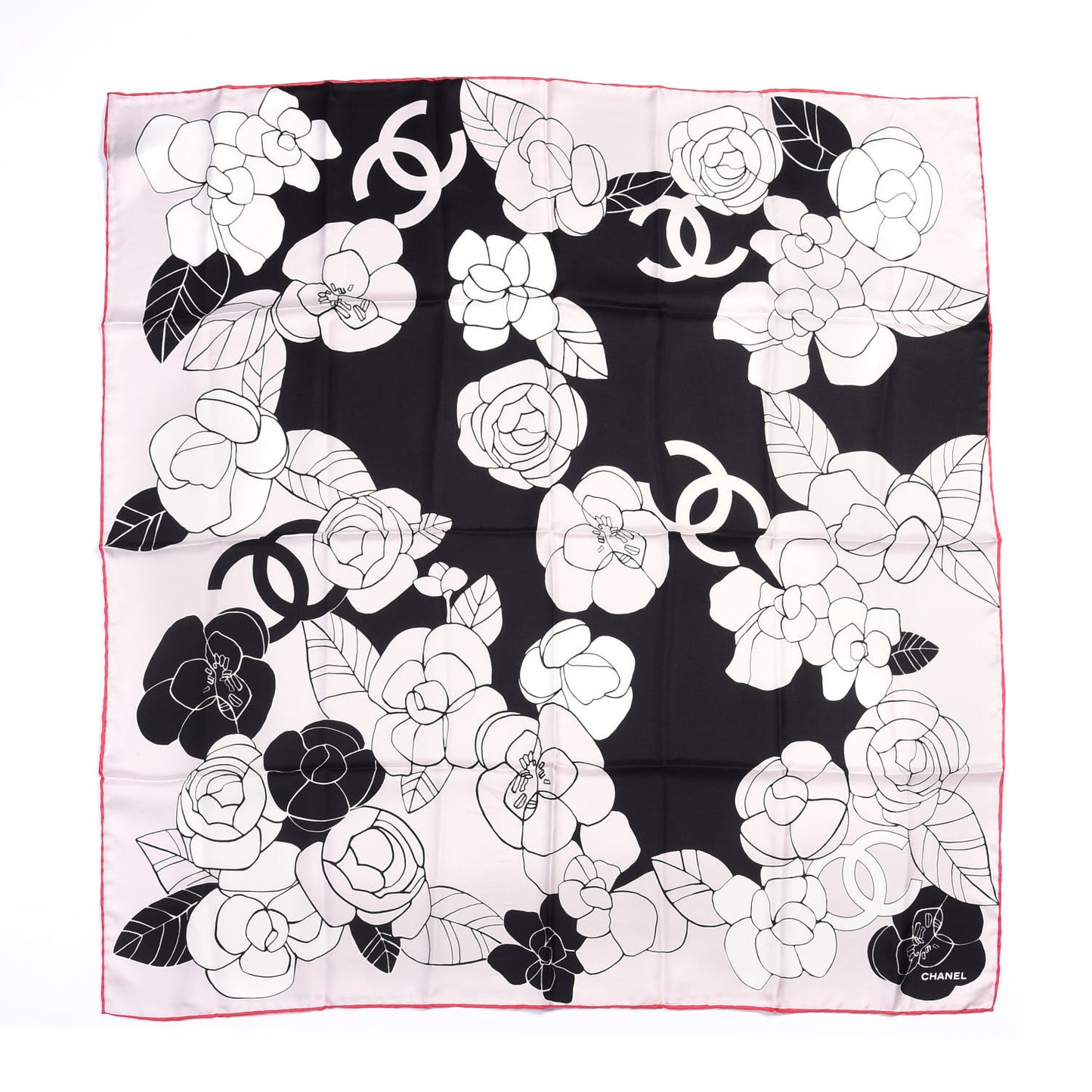 Silk CC Logo Camellia Scarf White Black Pink
