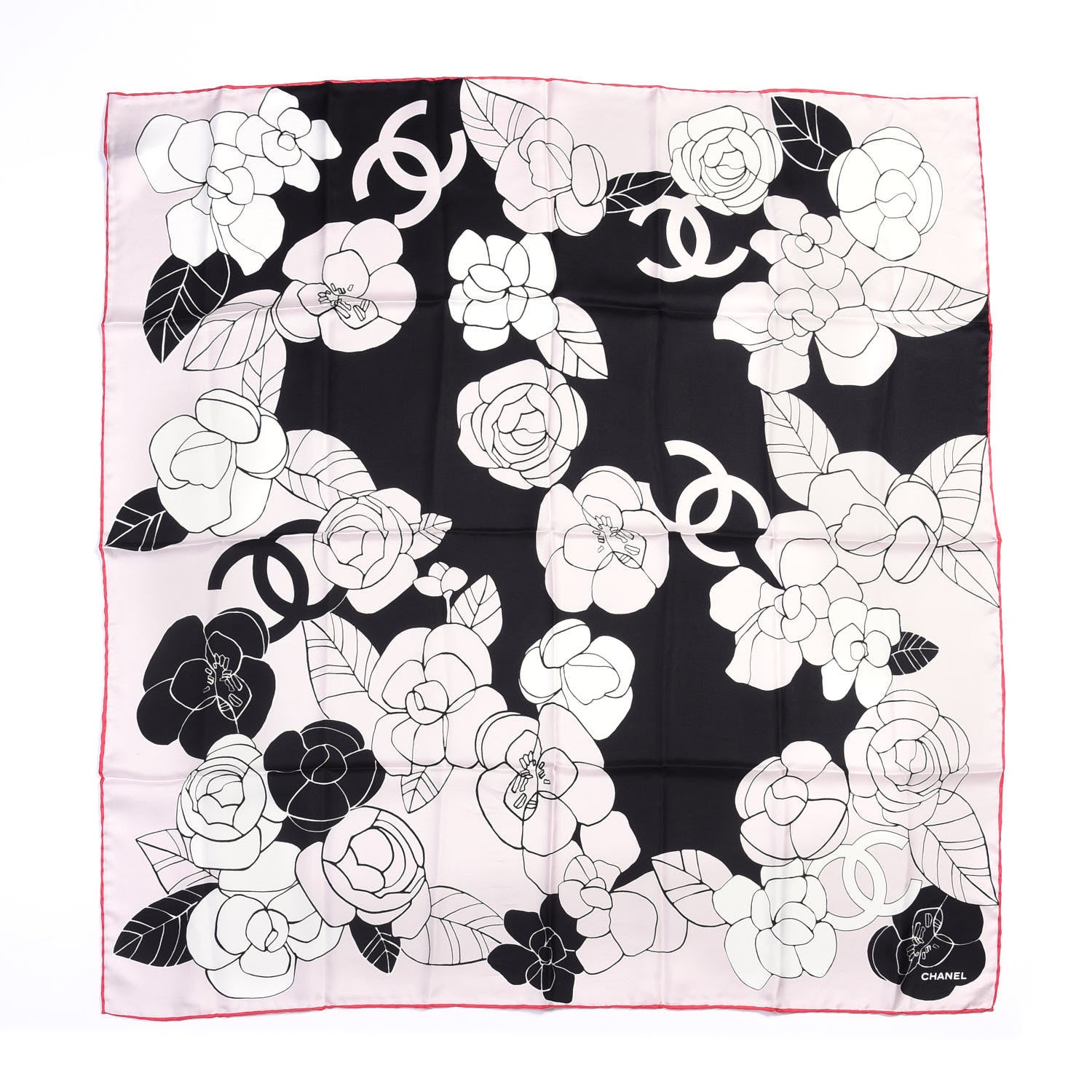 Chanel Silk CC Logo Camellia Scarf White Black Pink 1 of 3