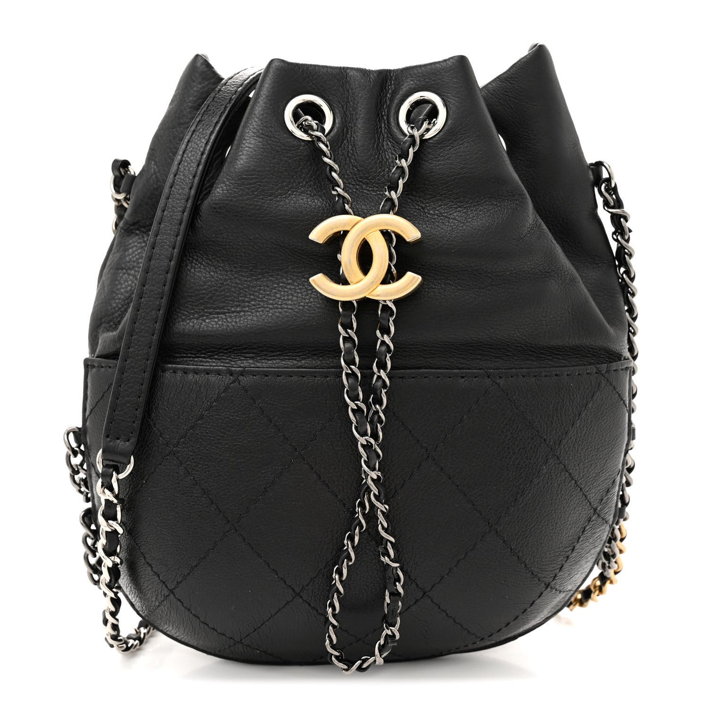 Aged Calfskin Quilted Small Gabrielle Bucket Black