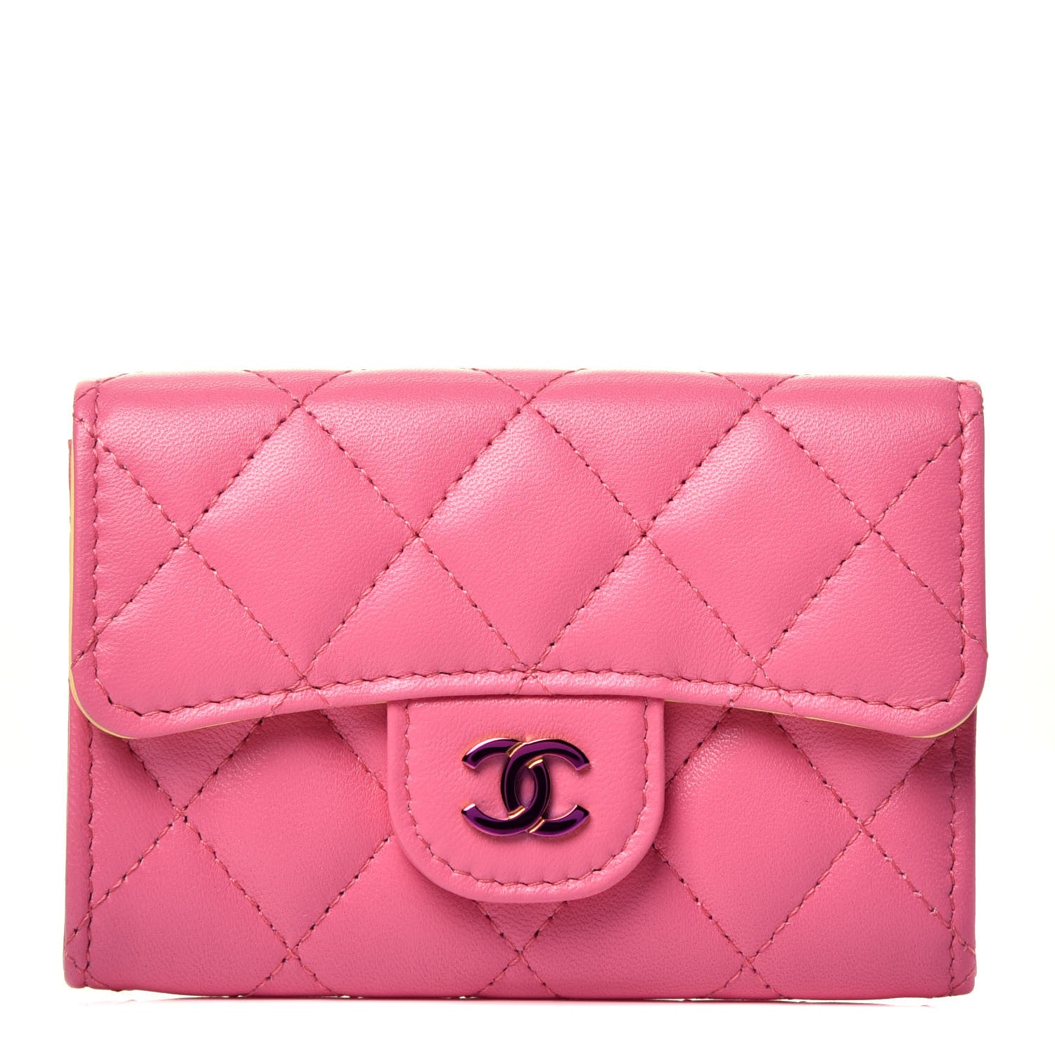 Chanel Lambskin Quilted Flap Card Holder Wallet Pink Yellow 1 of 7