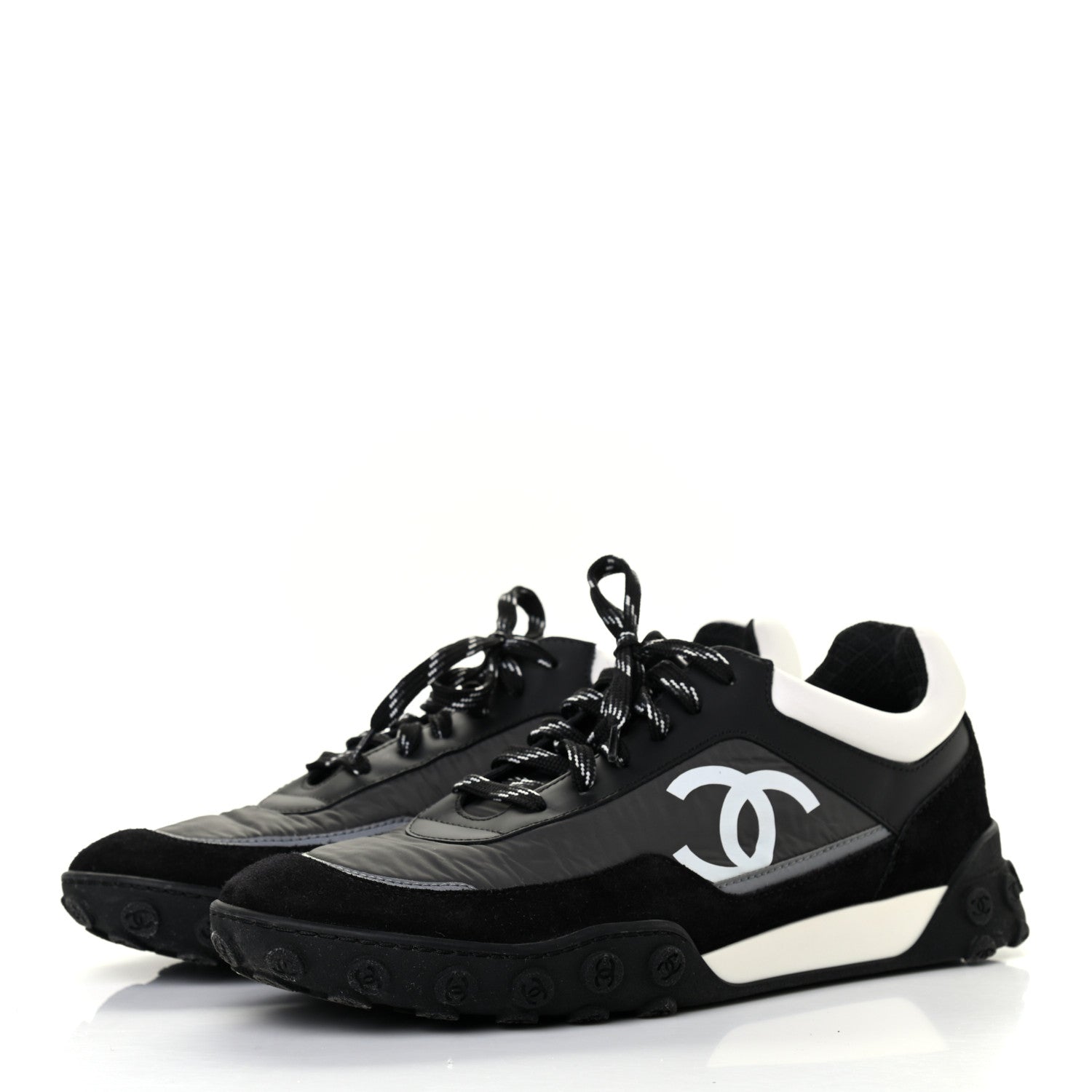 Chanel Nylon Calfskin Suede Womens CC Sneakers 41 Black Grey White 3 of 10