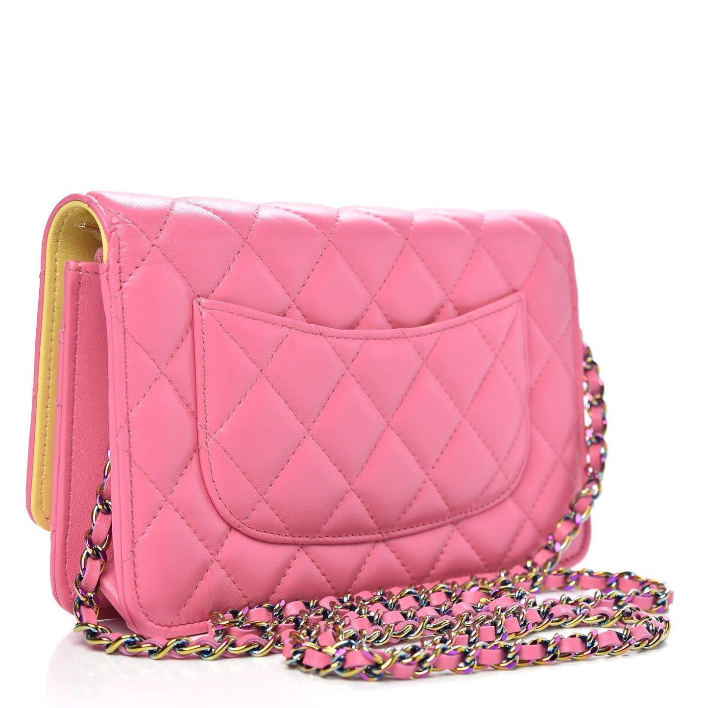 Lambskin Quilted Wallet On Chain WOC Pink Yellow