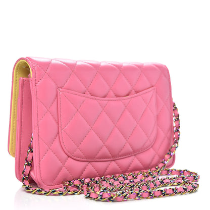 Chanel Lambskin Quilted Wallet On Chain WOC Pink Yellow 3 of 11
