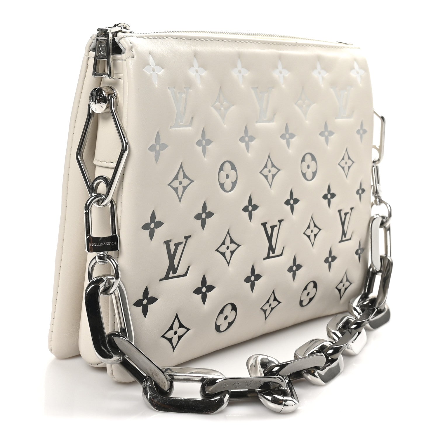 Louis Vuitton Lambskin Embossed Monogram Coussin PM Cream Grey 3 of 10