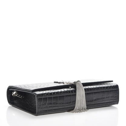 Saint Laurent Calfskin Crocodile Embossed Medium Classic Monogram Kate Tassel Satchel Black 4 of 6