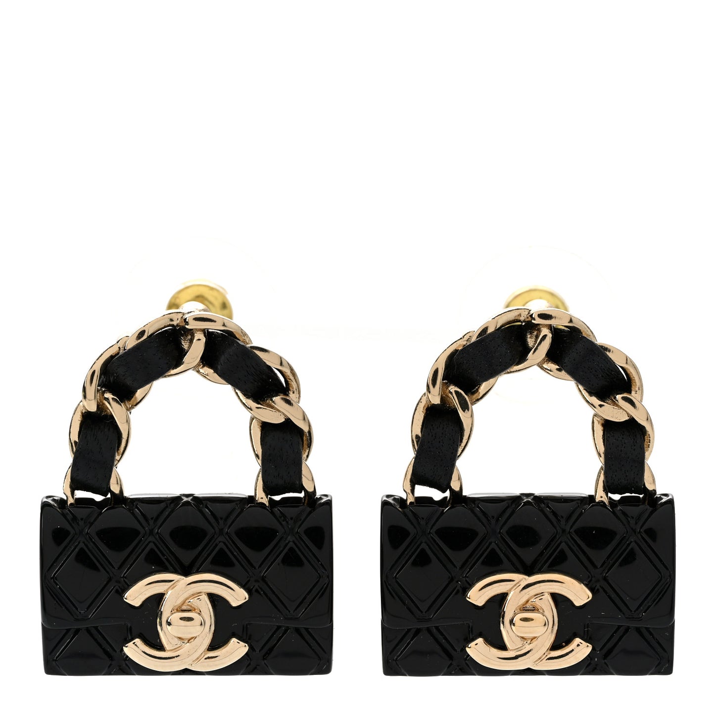 Metal Resin Lambskin Quilted CC Turnlock Chain Flap Bag Earrings Black Gold