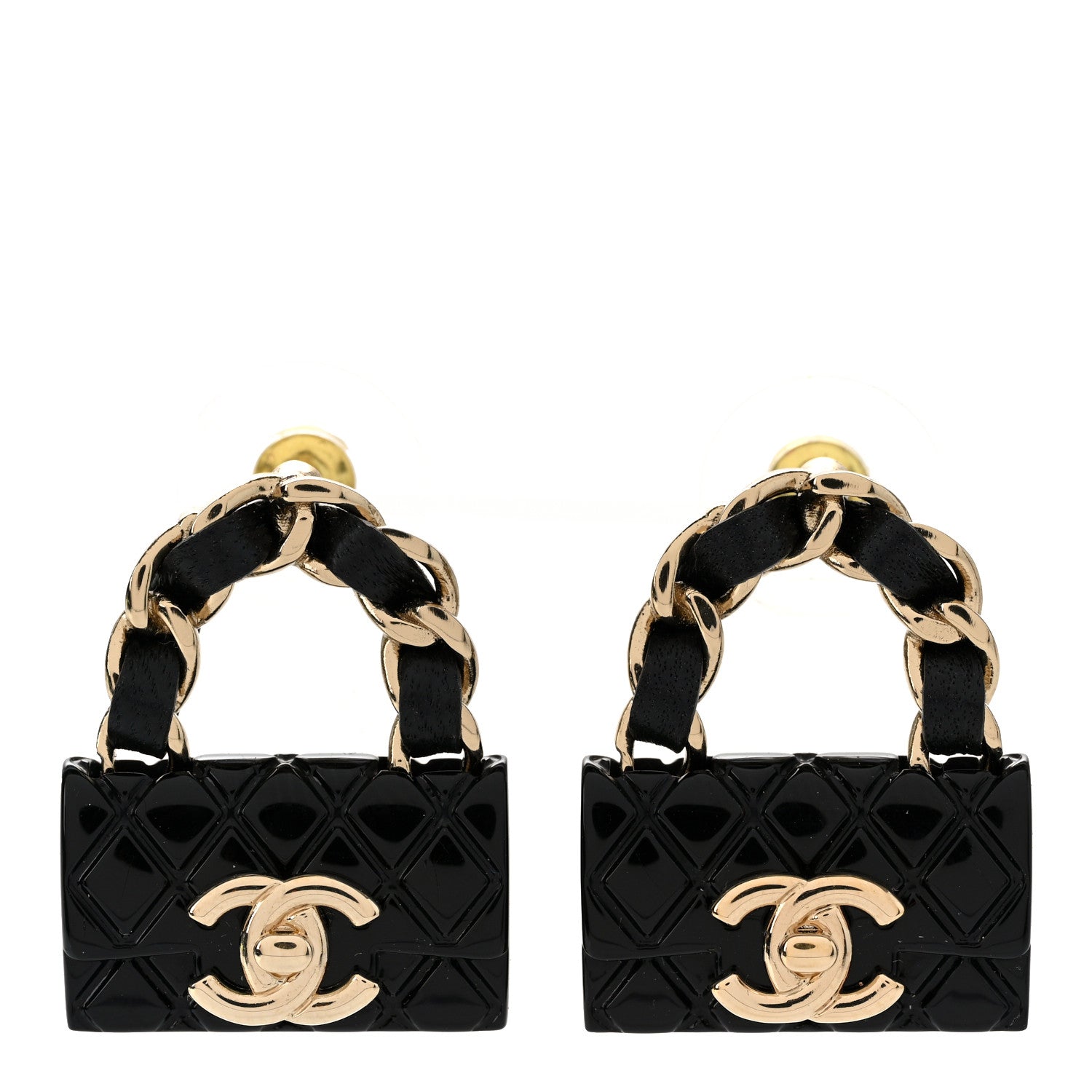 Chanel Metal Resin Lambskin Quilted CC Turnlock Chain Flap Bag Earrings Black Gold 1 of 5