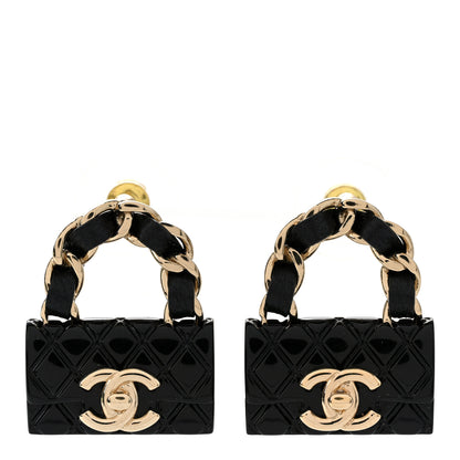 Chanel Metal Resin Lambskin Quilted CC Turnlock Chain Flap Bag Earrings Black Gold 1 of 5