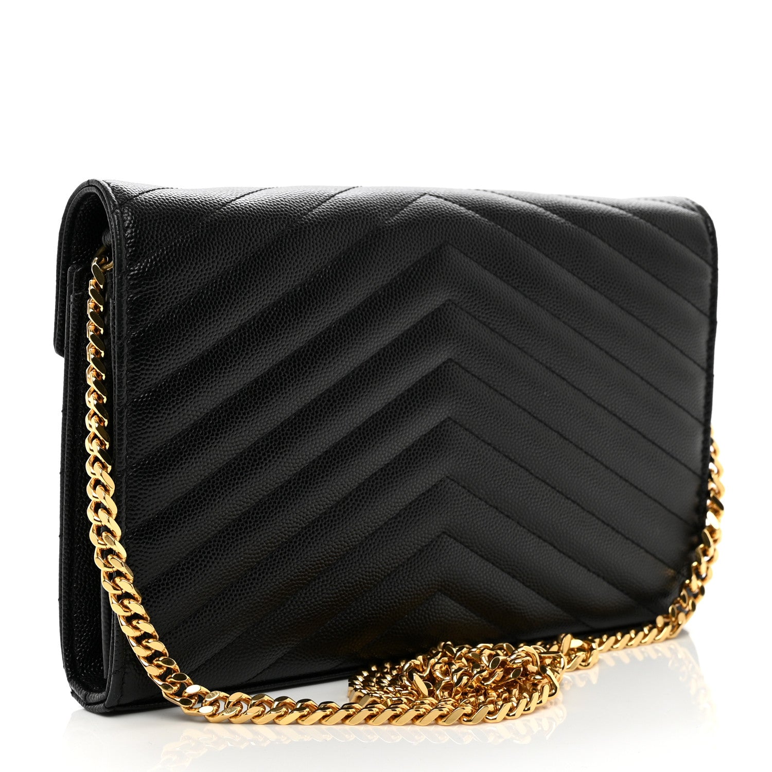 Saint Laurent Grain De Poudre Matelasse Chevron Monogram Chain Wallet Black 4 of 10