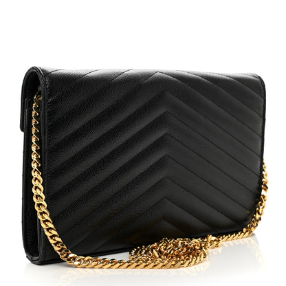 Saint Laurent Grain De Poudre Matelasse Chevron Monogram Chain Wallet Black 4 of 10