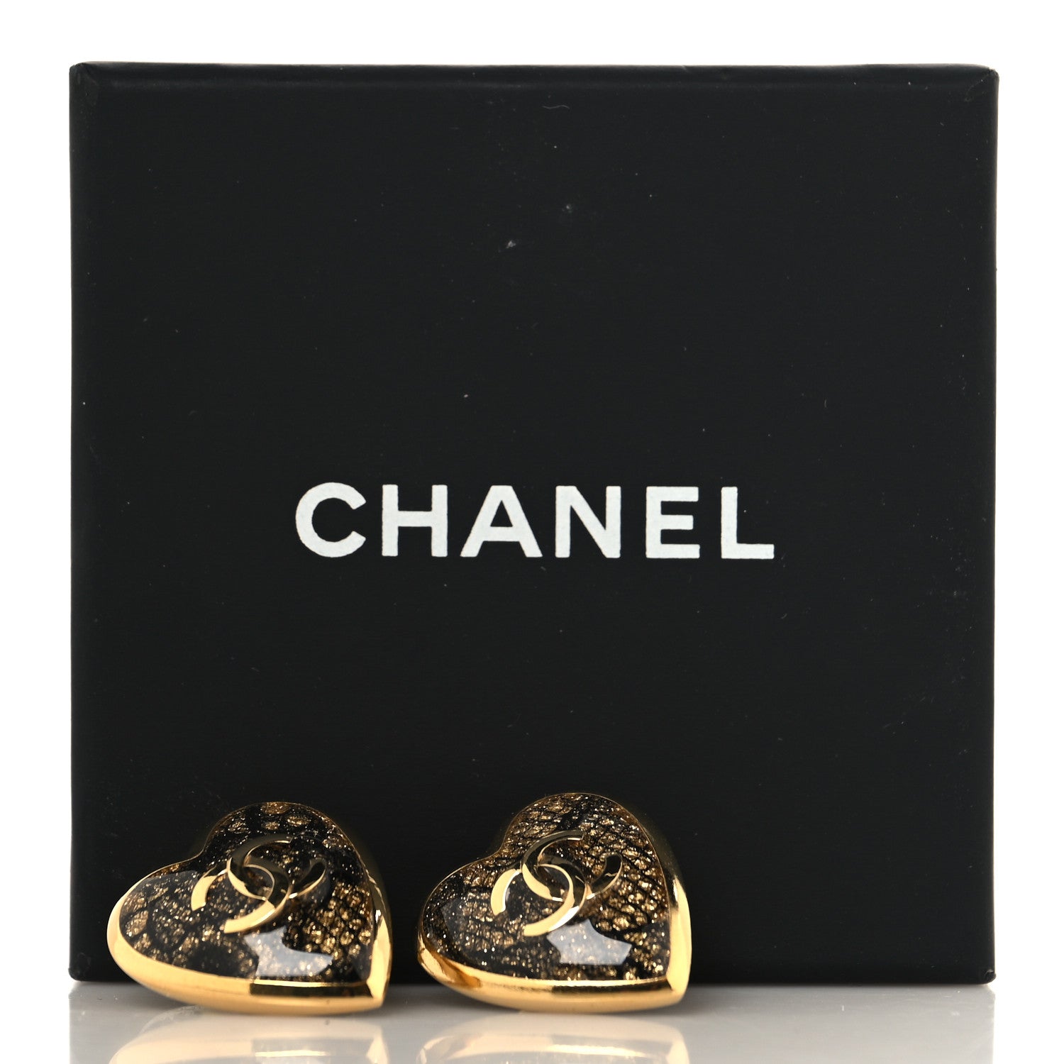 Chanel Metal Lace Resin Glass CC Heart Earrings Gold Black 8 of 10