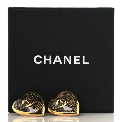 Chanel Metal Lace Resin Glass CC Heart Earrings Gold Black 8 of 10