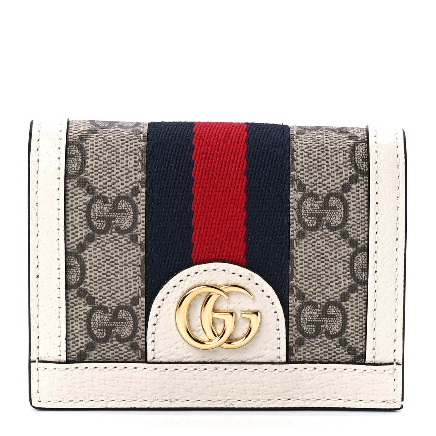 Gucci GG Supreme Monogram Textured Dollar Calfskin Web Ophidia Card Case Beige Ebony Mystic White 1 of 14