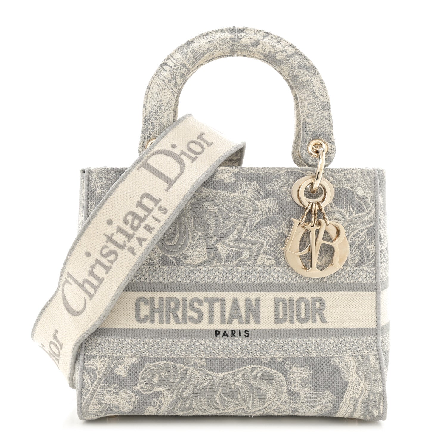 Christian Dior Canvas Toile De Jouy Reverse Embroidered Medium Lady D-Lite Gray 1 of 11