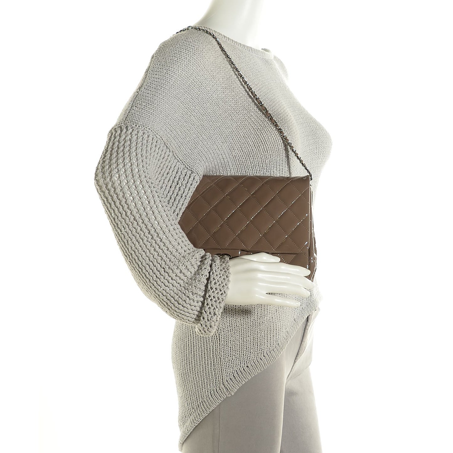 Patent Quilted Clutch with Chain Flap Grey