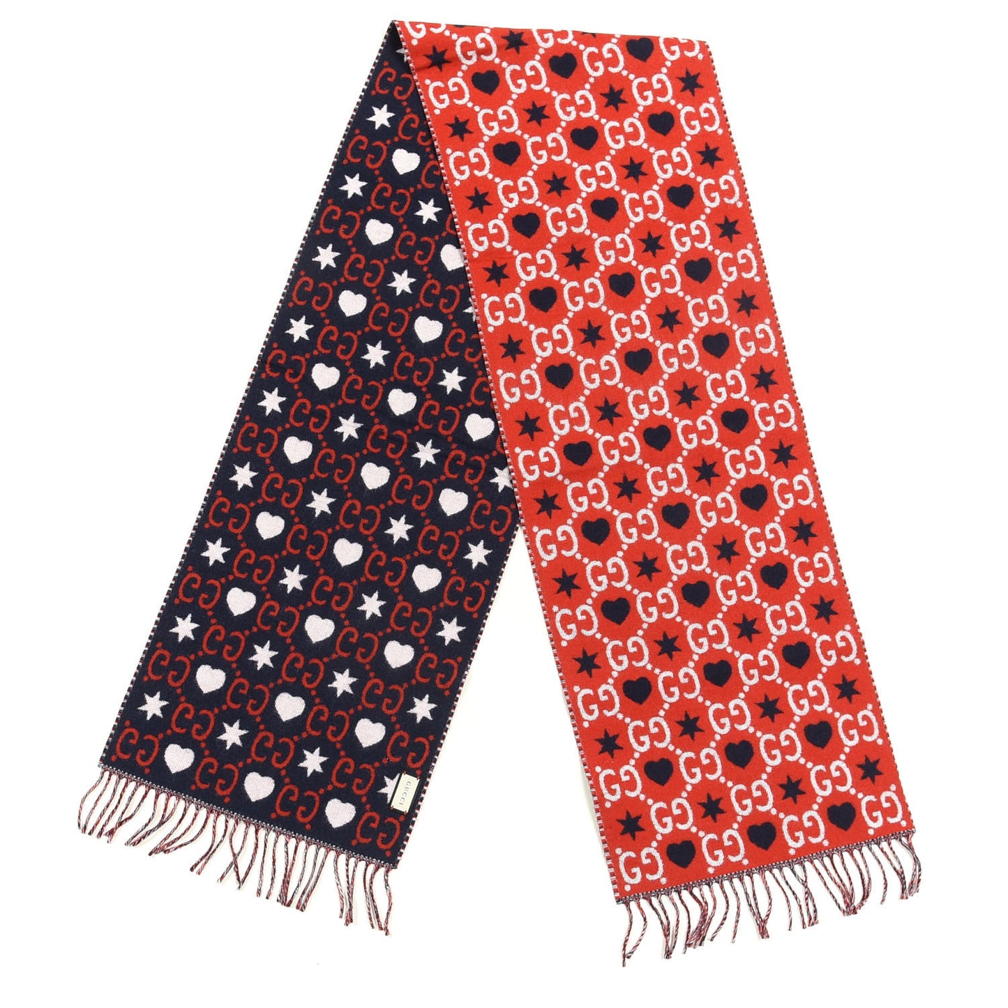 Wool Jacquard GG Monogram Hearts Scarf Red Blue