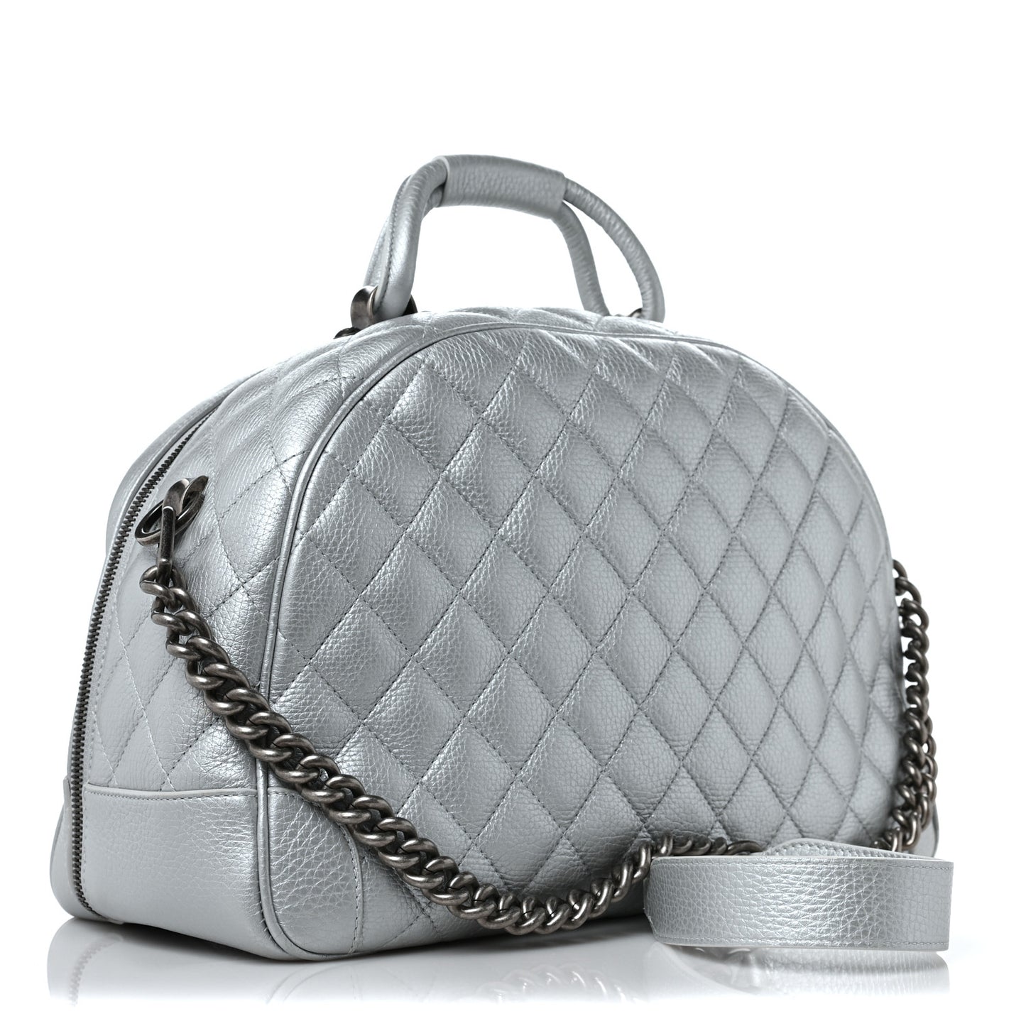 Metallic Calfskin Quilted Medium Airlines Round Trip Bowling Bag Silver