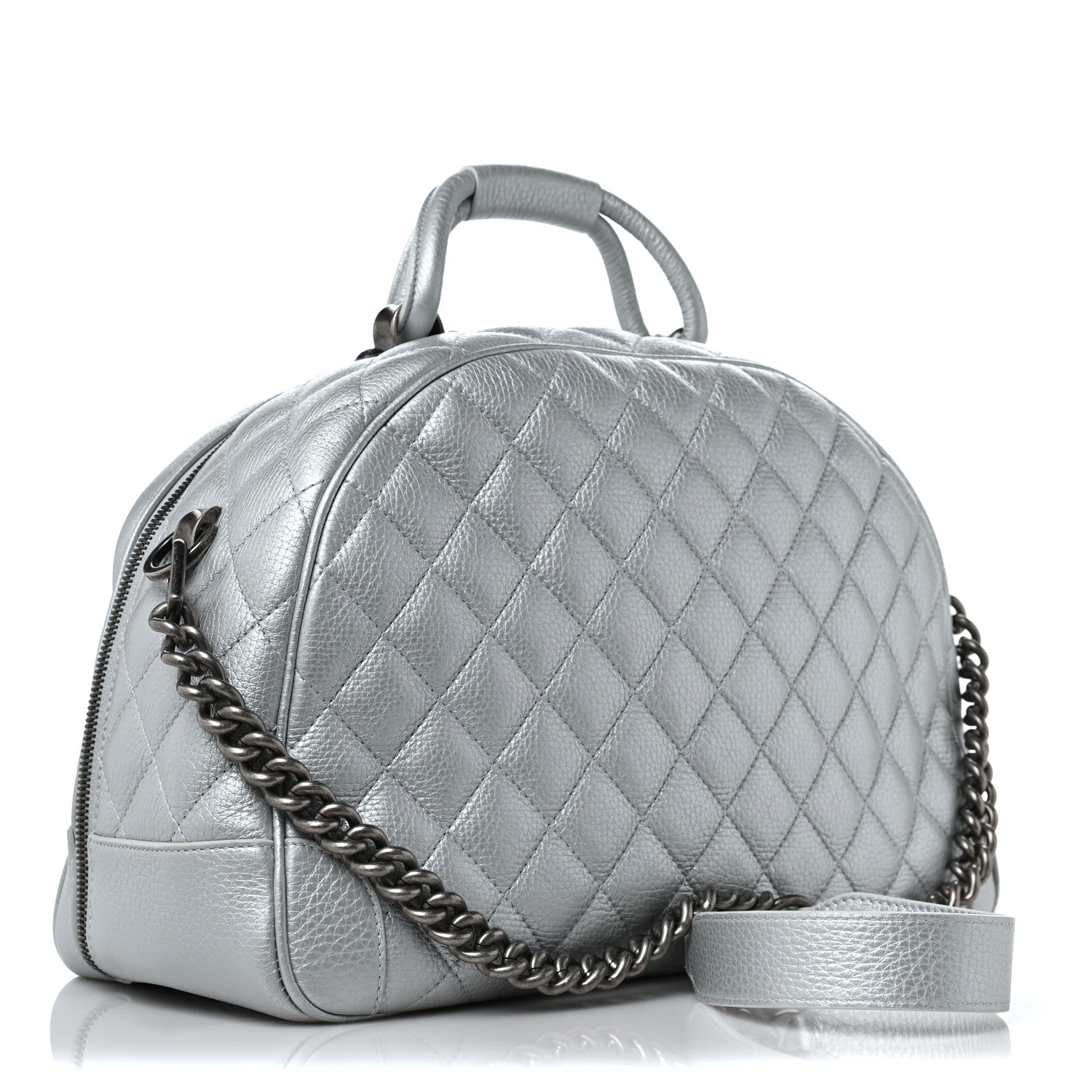 Chanel Metallic Calfskin Quilted Medium Airlines Round Trip Bowling Bag Silver 3 of 9