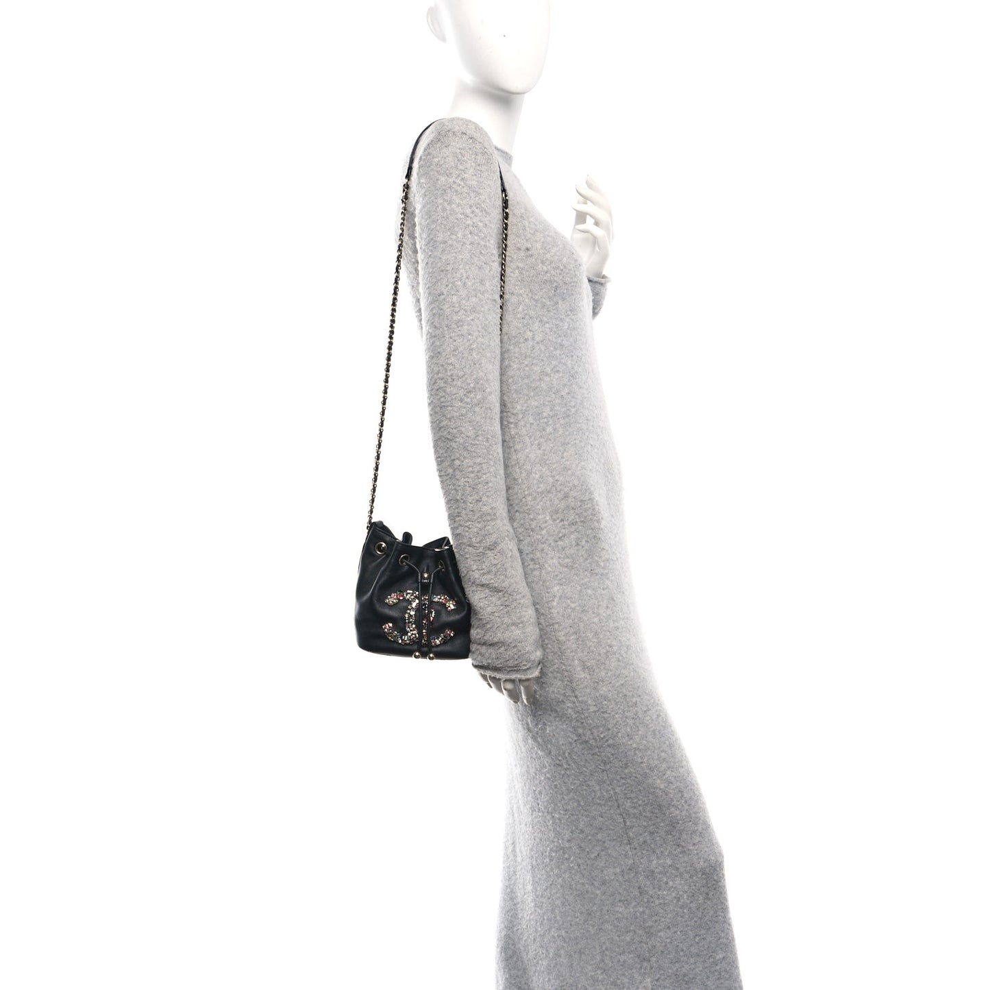 Lambskin Calfskin Quilted Mini Strass Mania Drawstring Bucket Bag Black