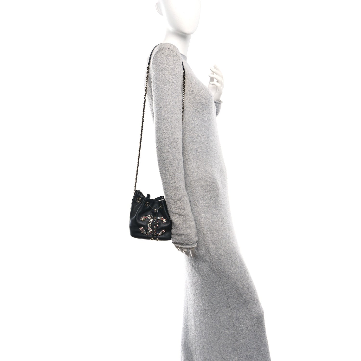 Chanel Lambskin Calfskin Quilted Mini Strass Mania Drawstring Bucket Bag Black 2 of 10