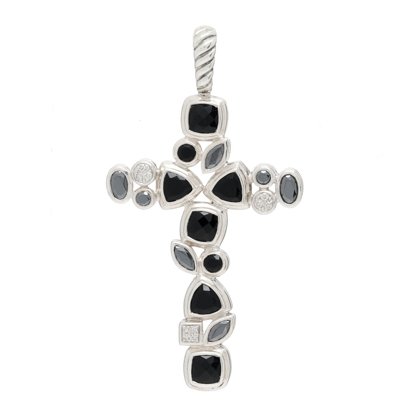 Sterling Silver Diamond Black Onyx Hematine Mosaic Cross Pendant
