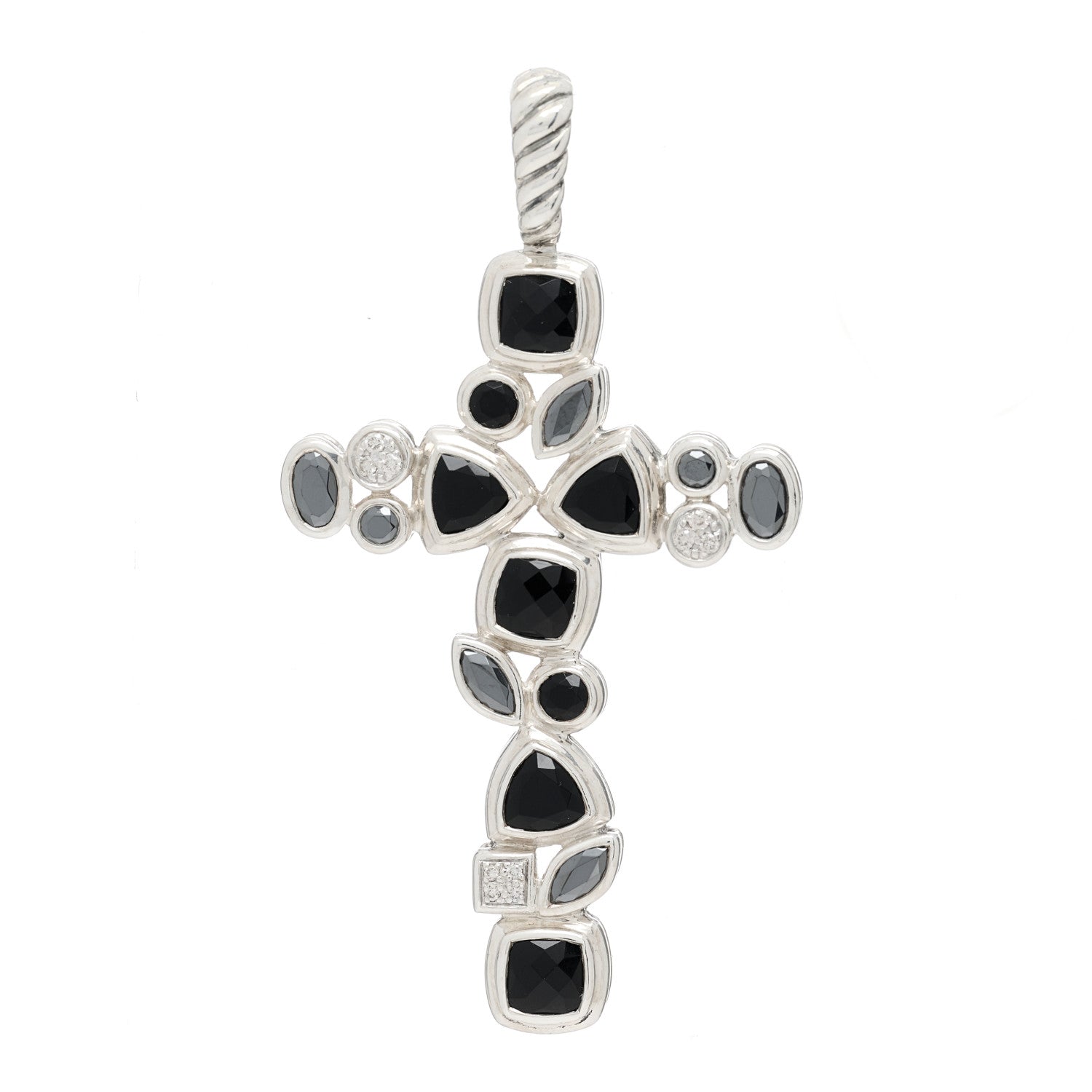 David Yurman Sterling Silver Diamond Black Onyx Hematine Mosaic Cross Pendant 1 of 5