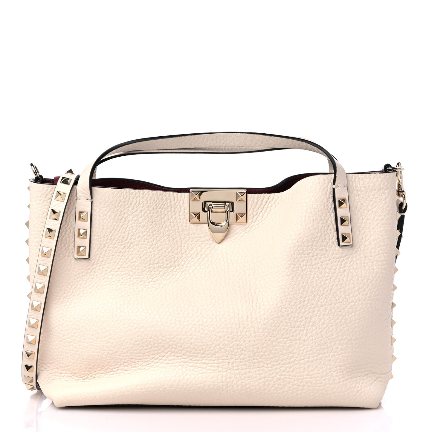 Grained Calfskin Small Rockstud Flip Lock Tote Light Ivory Rubino