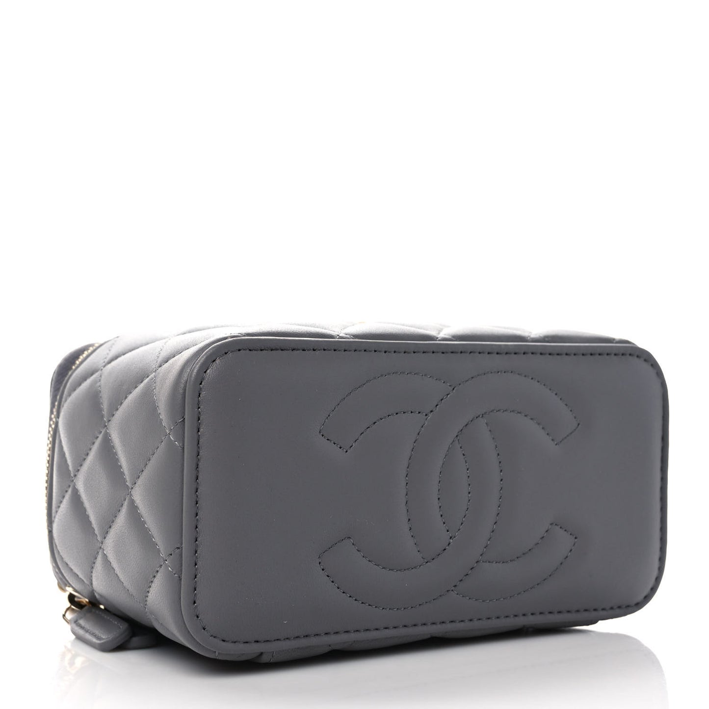 Lambskin Quilted Metal Small Top Handle Vanity Case With Chain Grey