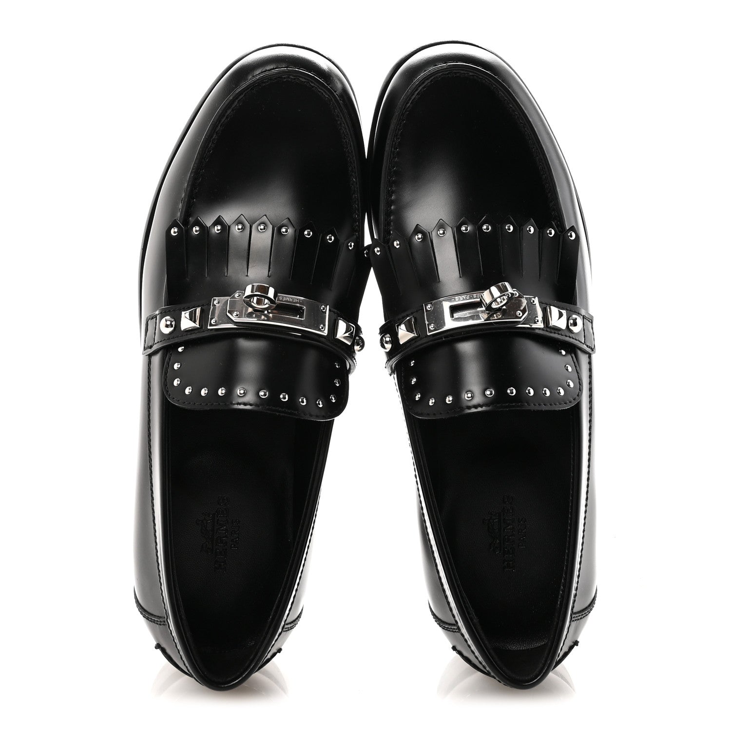 Hermes Glazed Calfskin Medor Studded Fringe Womens Destin Loafer 35 Black 2 of 10
