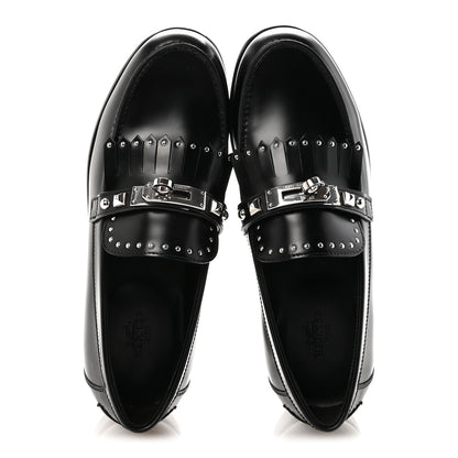 Hermes Glazed Calfskin Medor Studded Fringe Womens Destin Loafer 35 Black 2 of 10