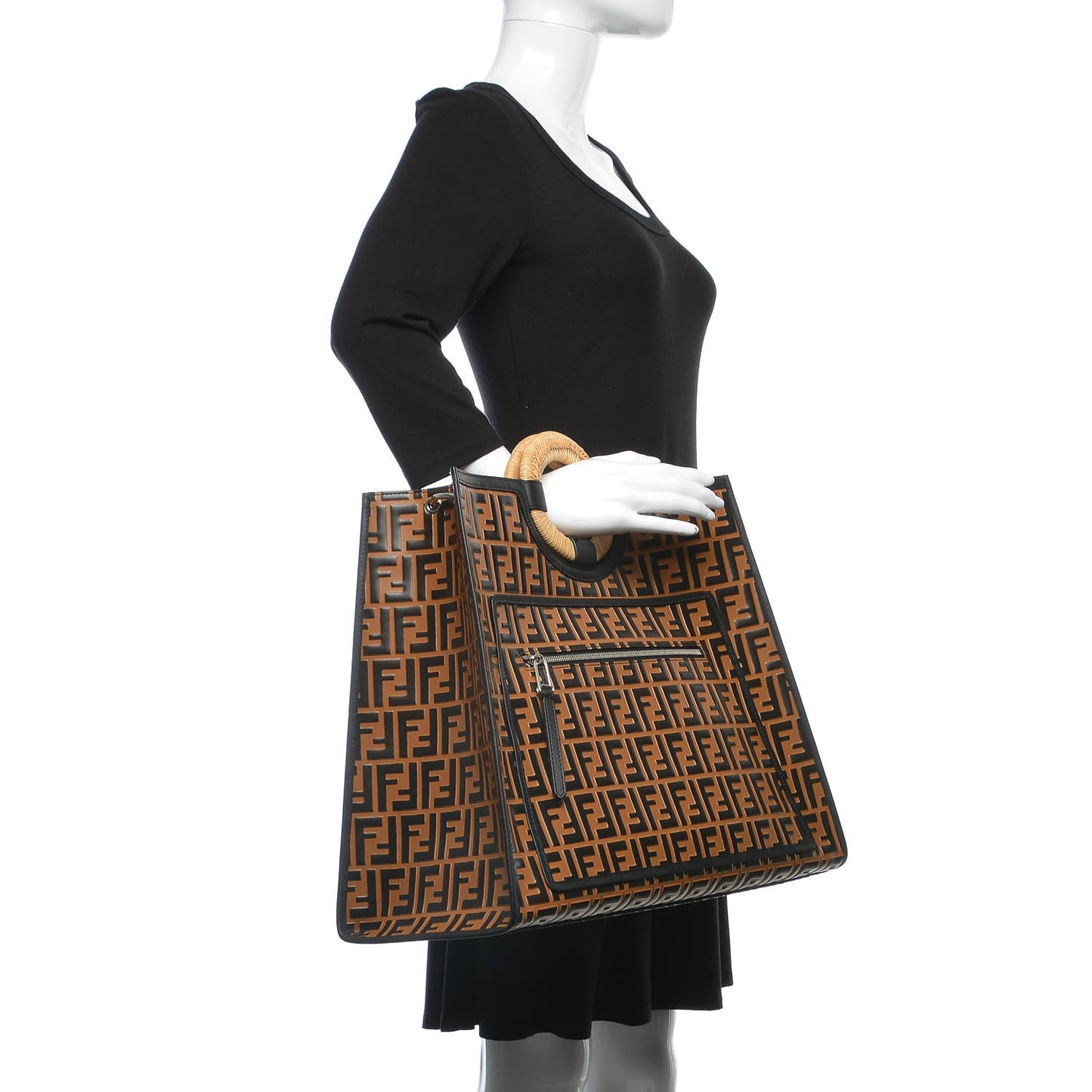 Vitello Century Wicker FF Embossed Large Runaway Shopper Tote Tobacco Black