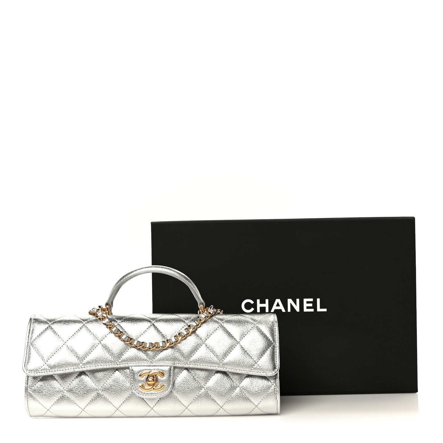 Chanel Metallic Caviar Quilted Top Handle Long Clutch With Chain Silver 13 of 13