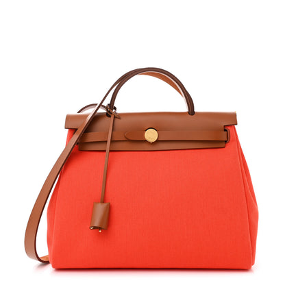 Hermes Vache Hunter Toile Herbag Zip Retourne 31 PM Orange Mecano Fauve 1 of 15