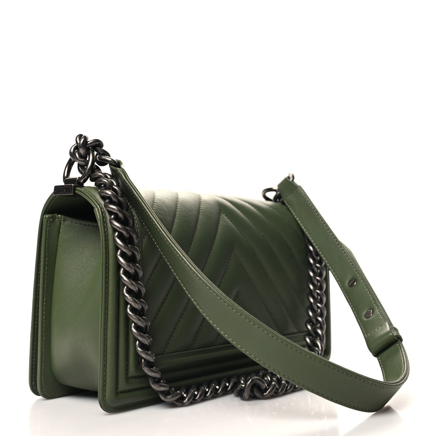 Calfskin Chevron Quilted Medium Boy Flap Dark Green