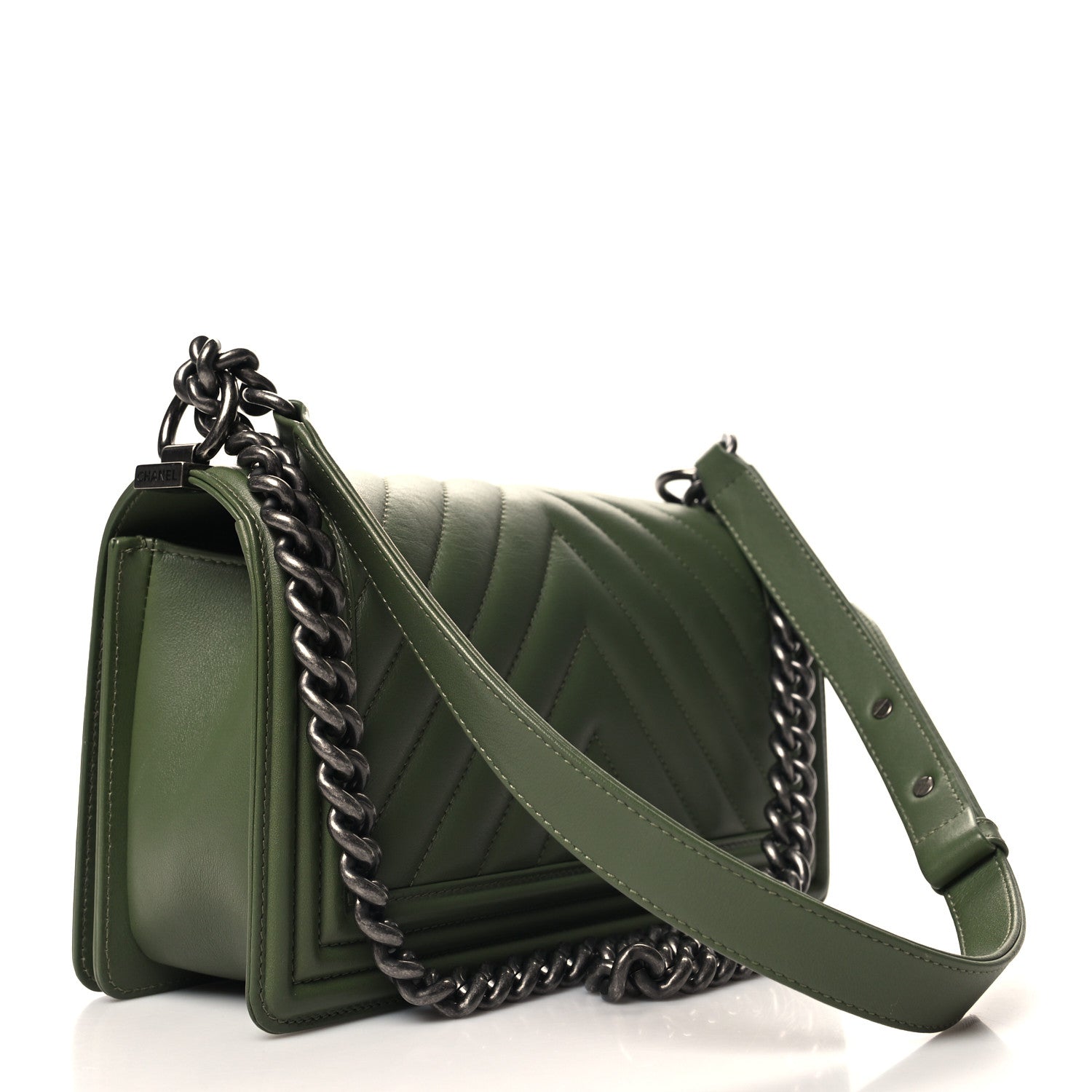 Chanel Calfskin Chevron Quilted Medium Boy Flap Dark Green 3 of 10