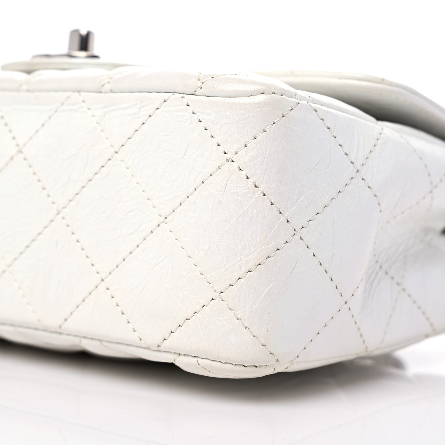 Iridescent Crumpled Calfskin Quilted Mini Rectangular Flap White