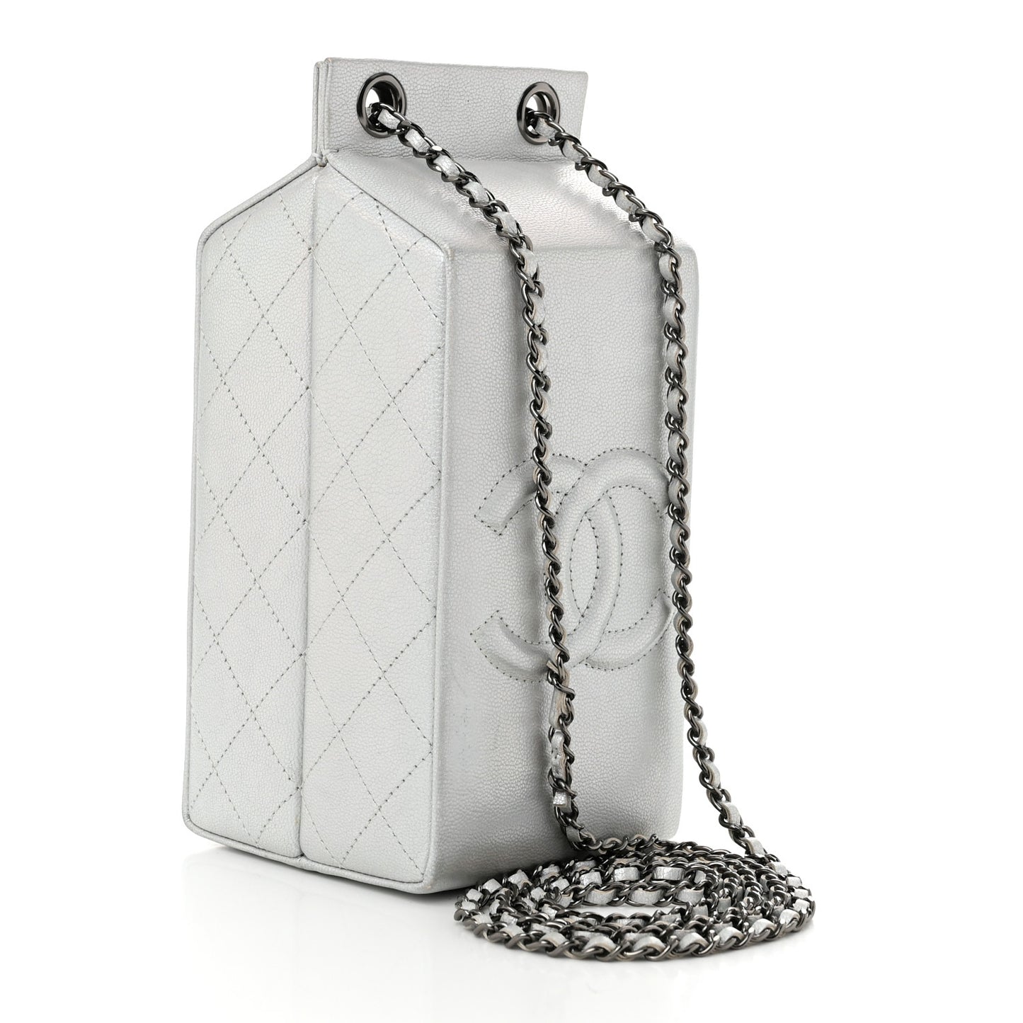 Metallic Goatskin Lait de Coco Milk Carton Bag Silver