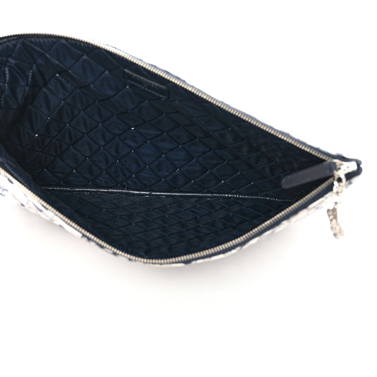 Nylon Quilted Large Cat Emoticon Cosmetic Case Navy Grey Ecru